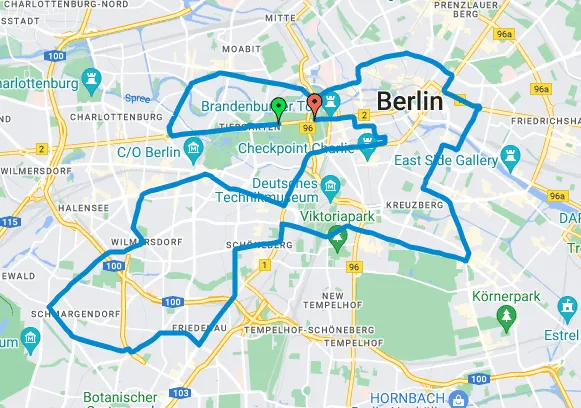 Berlin Marathon course map showing flat and straight route through the city